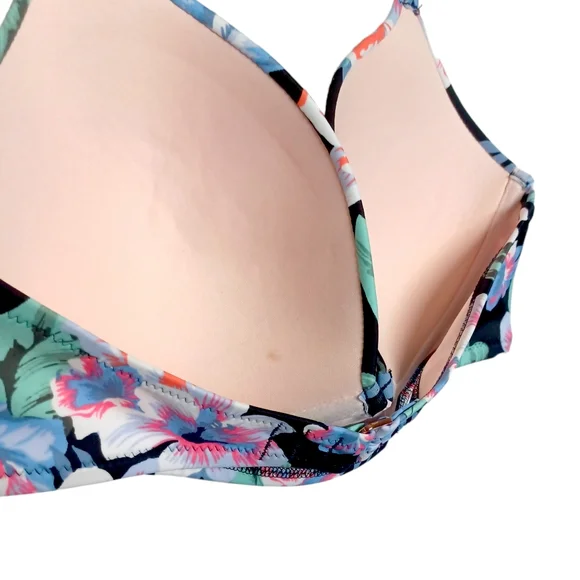 SHADE & SHORE Colorful Blue Floral Print White Stripe Halter Bikini Top 34D - Picture 9 of 9